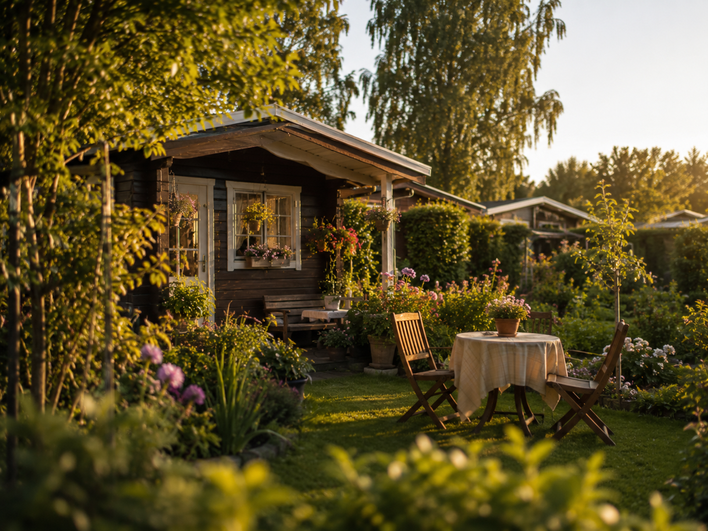 Kleingarten Versicherung für Gartenlaube mit Sitzplatz und gepflegtem Garten