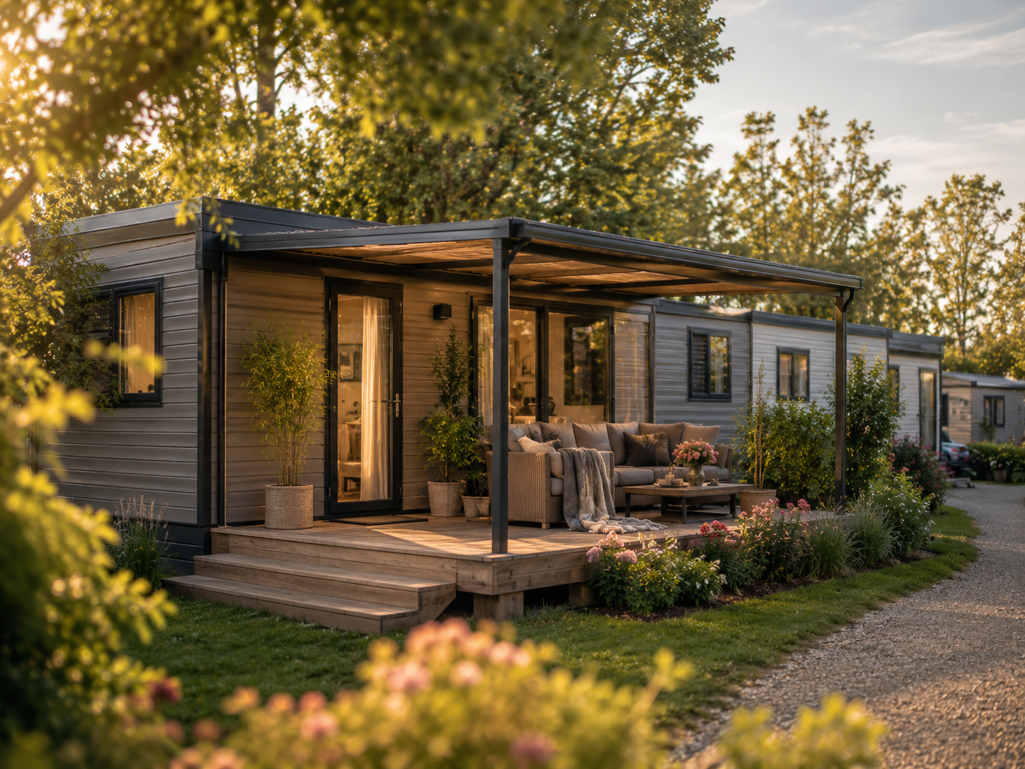 Mobilheim und Tiny House Versicherung für ein modernes Ferienobjekt mit Terrasse