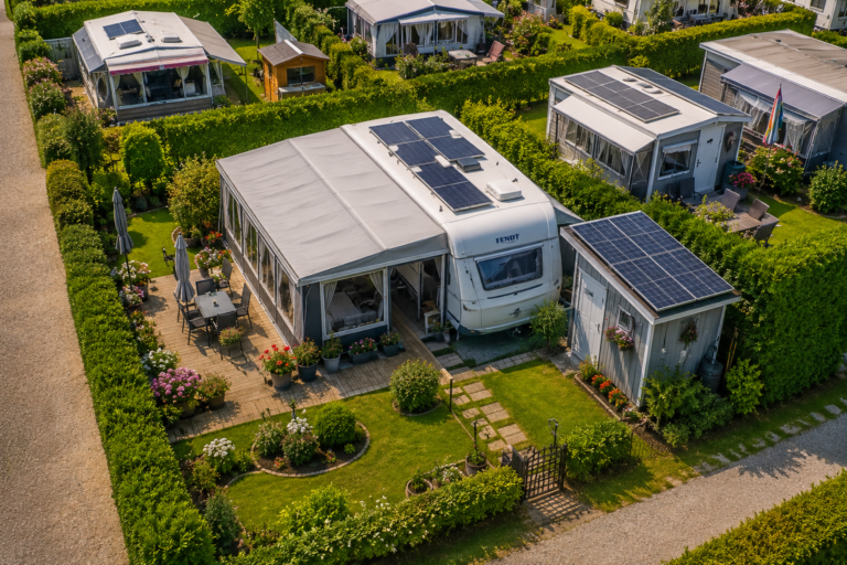 Stromkosten Dauercamping - Wohnwagen am Dauerstellplatz mit Geräteschuppen und Vorzelt und PV-Anlage, Solarmodulen
