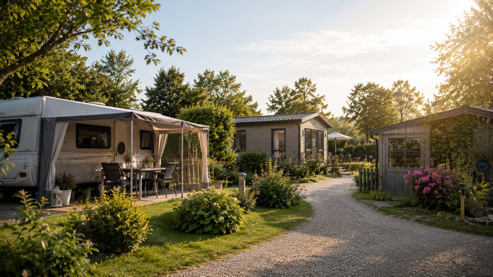 Dauercamping mit Wohnwagen, Mobilheim, Tiny House und Gartenlaube auf einem gepflegten Stellplatz
