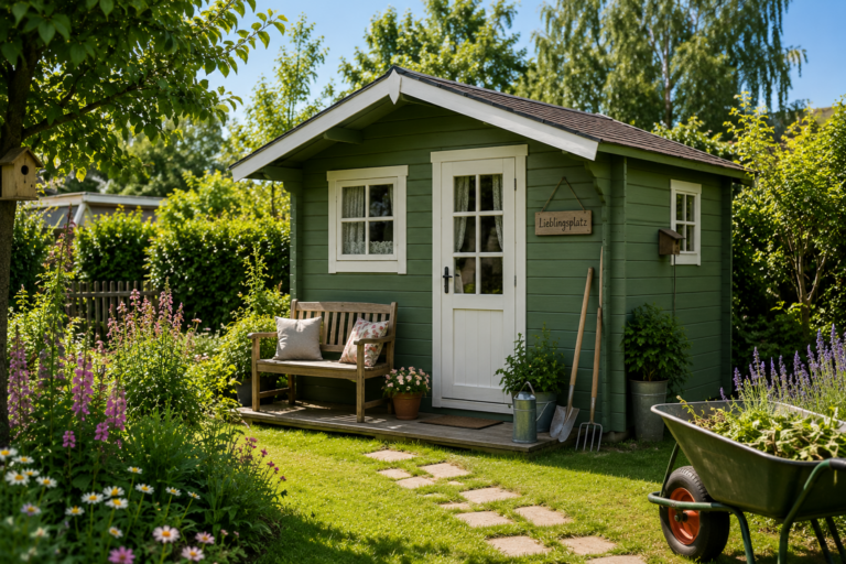 Gartenhaus mit Terrasse und Gartenmöbeln in einer gepflegten Kleingartenanlage