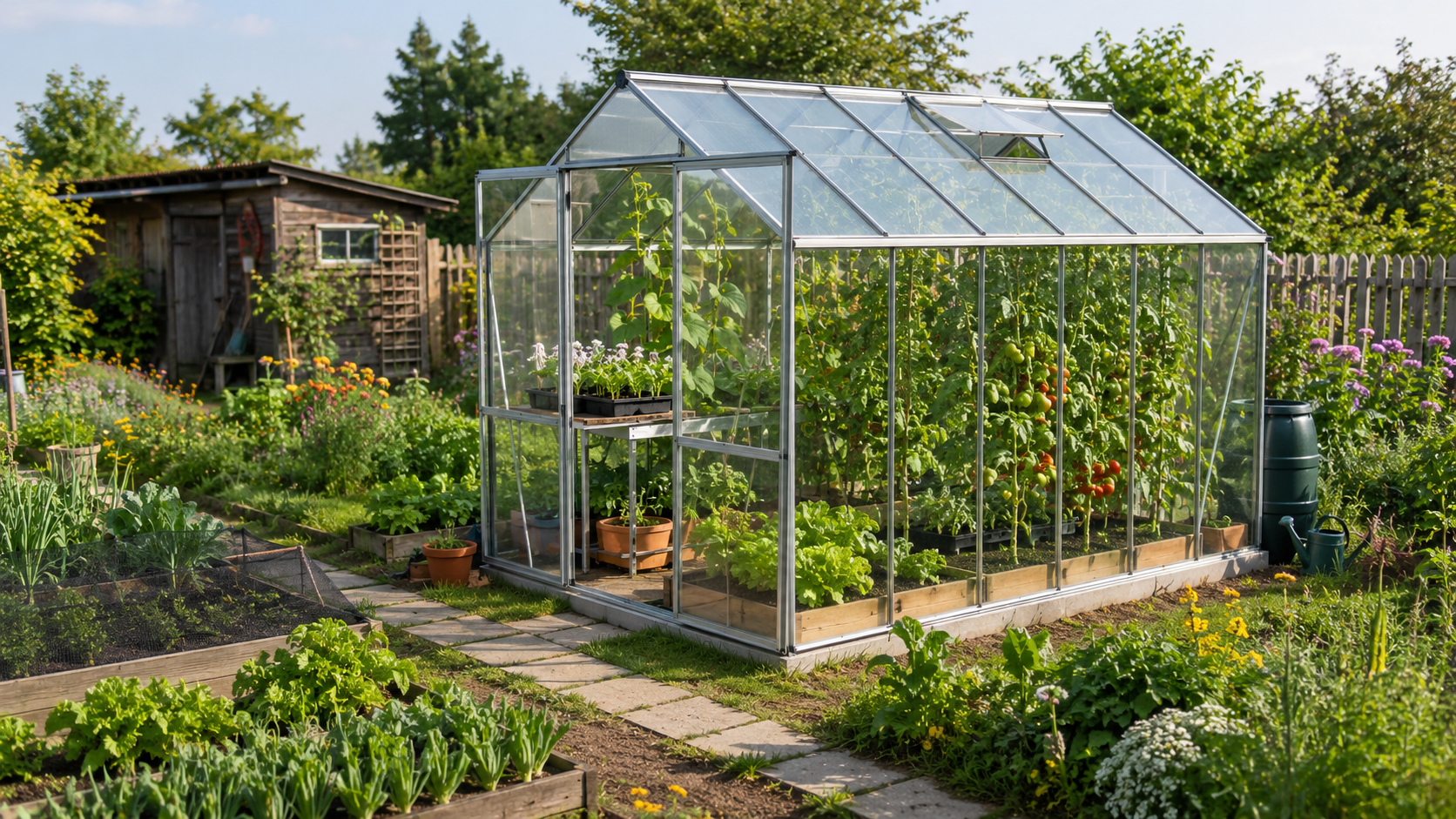 Gewächshaus im gepflegten Kleingarten neben Gartenlaube als Beispiel für das campena Gewächshaus-Paket