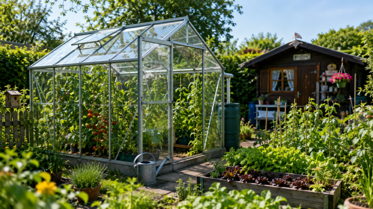 Gewächshaus im Kleingarten mit Gemüsebeeten, Tomatenpflanzen und Gartenlaube als Beispiel für das optionale Gewächshaus-Paket