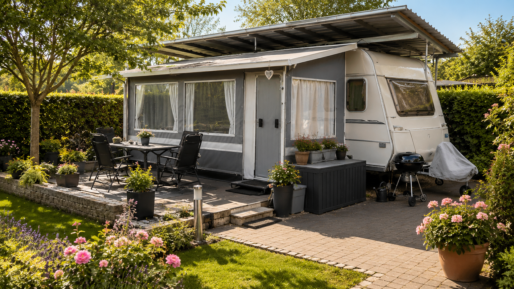 Hausrat auf dem Dauerstellplatz mit Wohnwagen, geschlossenem Vorzelt, Schutzdach, Terrasse, Gartenmöbeln und Blumen