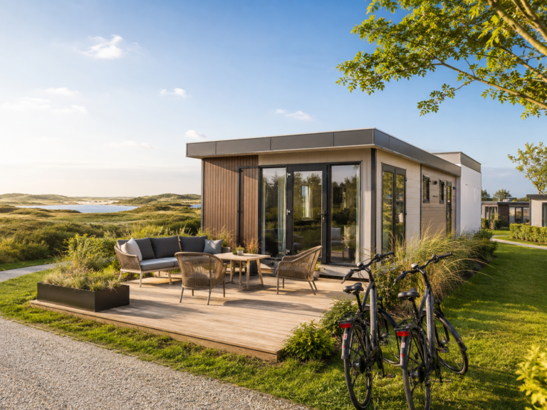 Mobilheim in den Niederlanden versichern: modernes Chalet auf einem Campingplatz in Holland