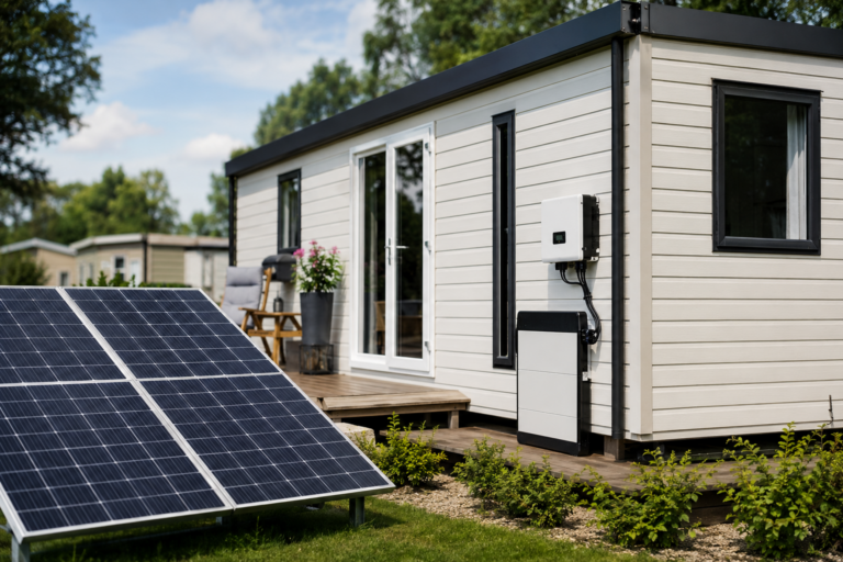 Solaranlage am Mobilheim versichern mit PV-Modulen, Batteriespeicher und Wechselrichter auf einem Campingplatz