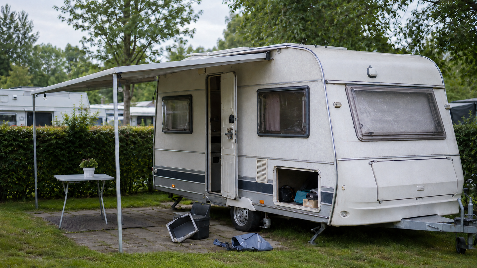 Wohnwagen am Dauerstellplatz als Beispiel für Einbruchversicherung beim Dauercamping