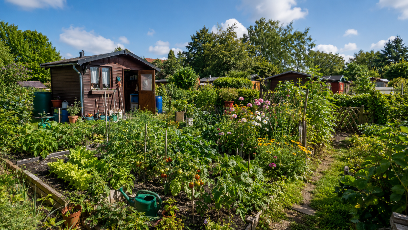 Schrebergarten im Grünen mit Gemüsebeeten als Beispiel für eine Kleingartenversicherung