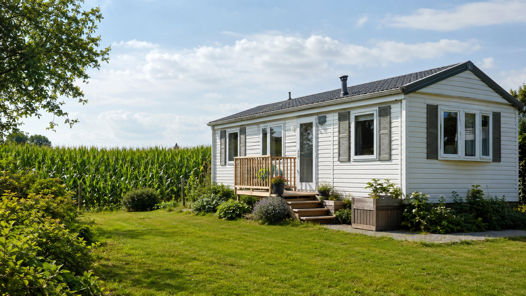 Versichertes Mobilheim im Grünen mit Terrasse und gepflegtem Außenbereich