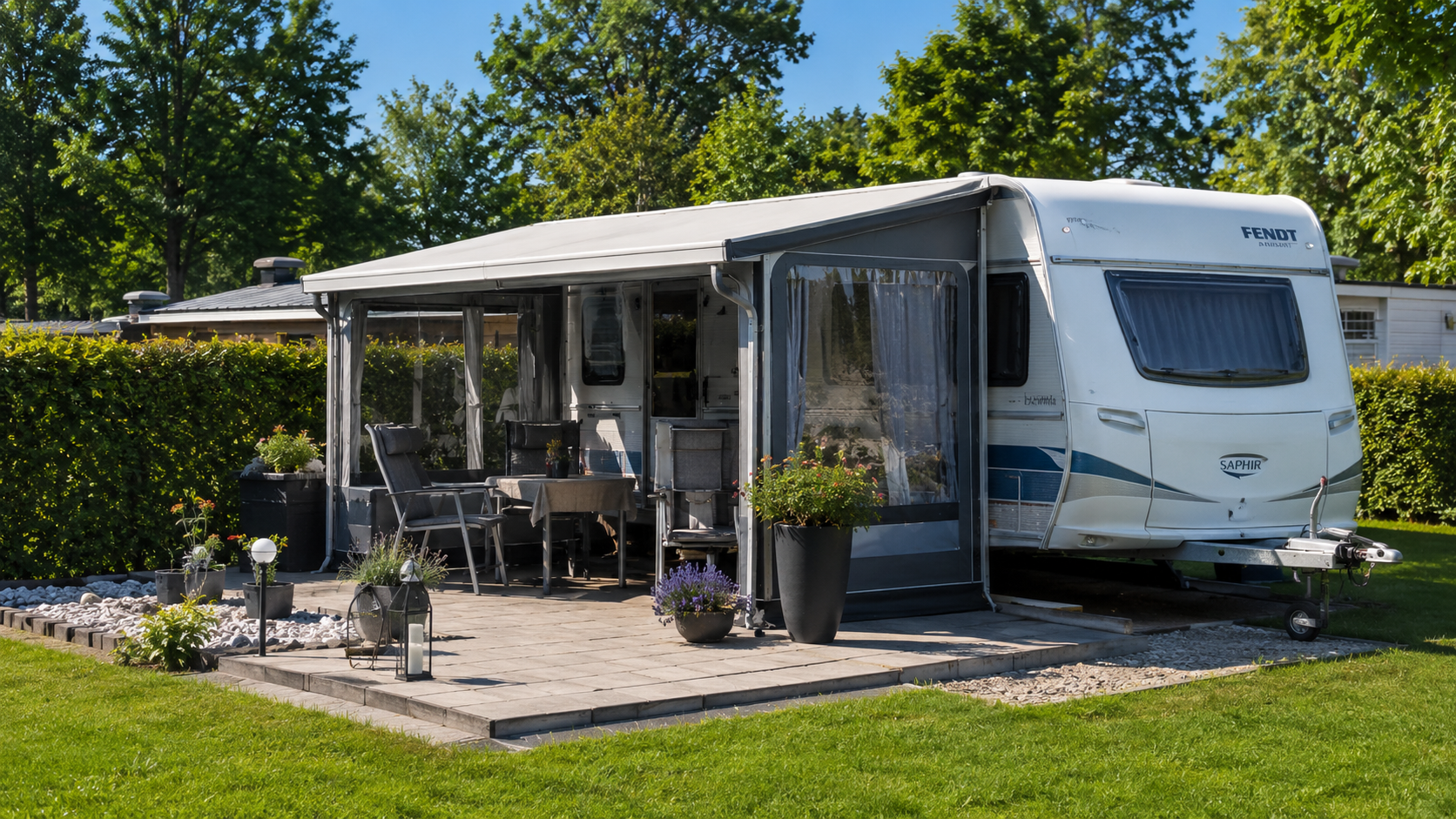 Dauerstellplatz mit Wohnwagen, Vorzelt und Campingausstattung als Beispiel für Versicherungsschutz beim Dauercamping