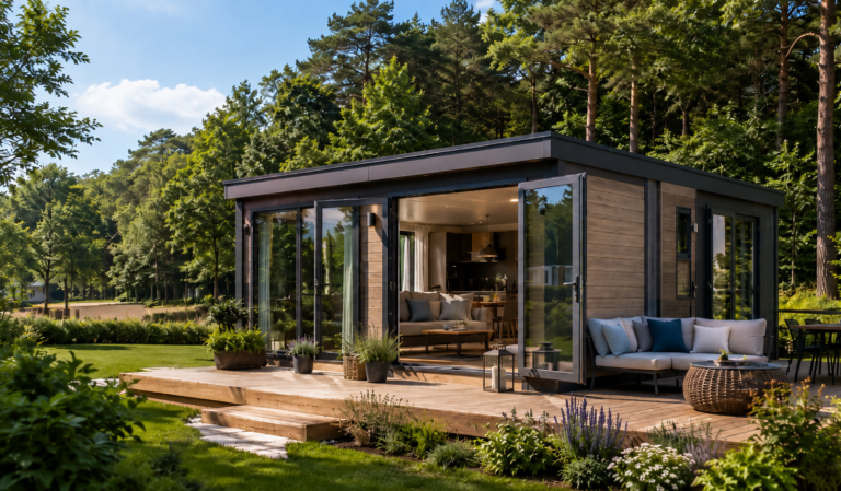 Beste Mobilheimversicherung: Mobilheim mit Terrasse im Grünen mit Glasflächen, Hausrat und Standplatzhaftpflicht