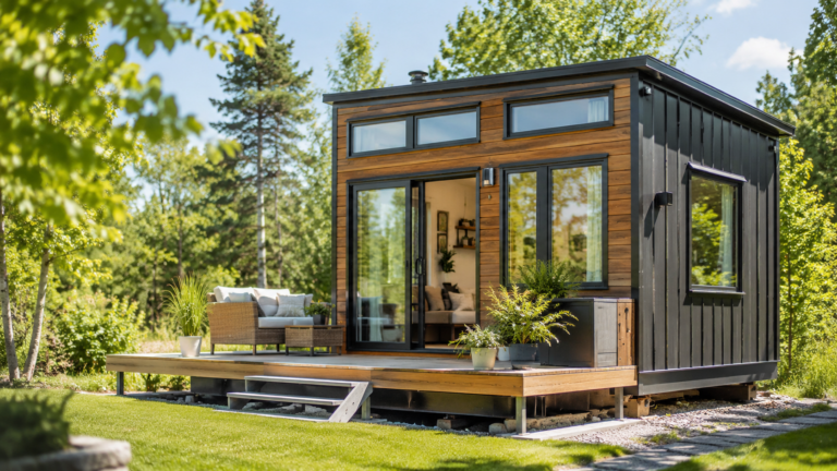 Beste Tiny House Versicherung für modernes Tiny House im Grünen mit Terrasse und großen Glasflächen