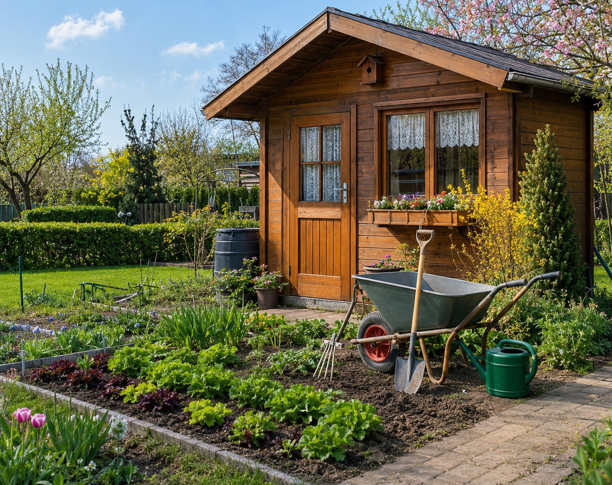Kleingarten im Frühjahr mit Gartenlaube, Beeten und Gartengeräten bei sonnigem Wetter