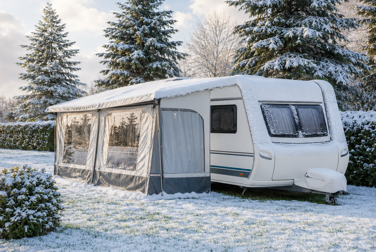 Winterfester Wohnwagen auf einem Dauerstellplatz mit Vorzelt und Schutzdach im Schnee