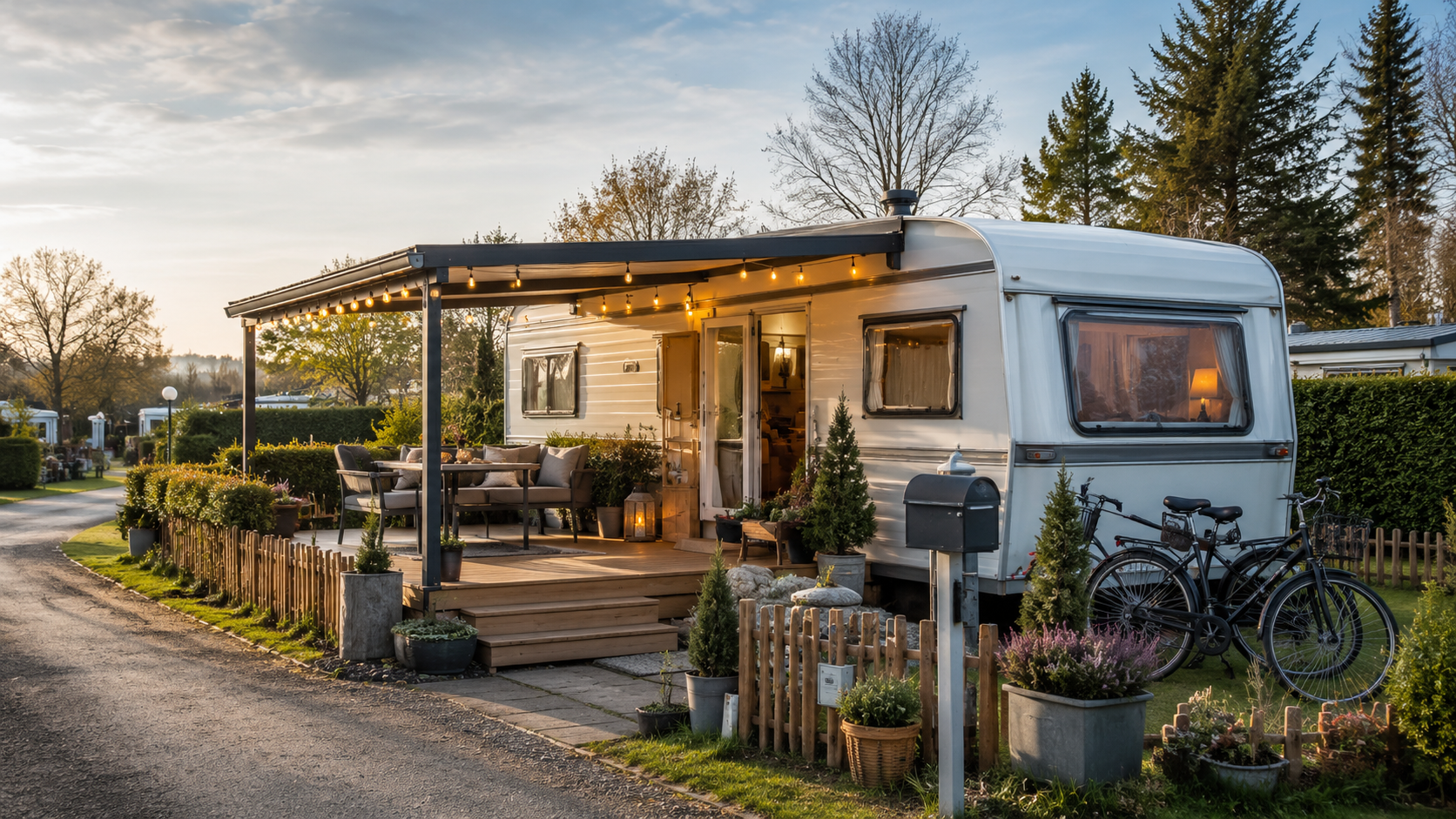 Dauerhaft aufgestellter Wohnwagen mit Terrasse auf einem gepflegten Dauercampingplatz