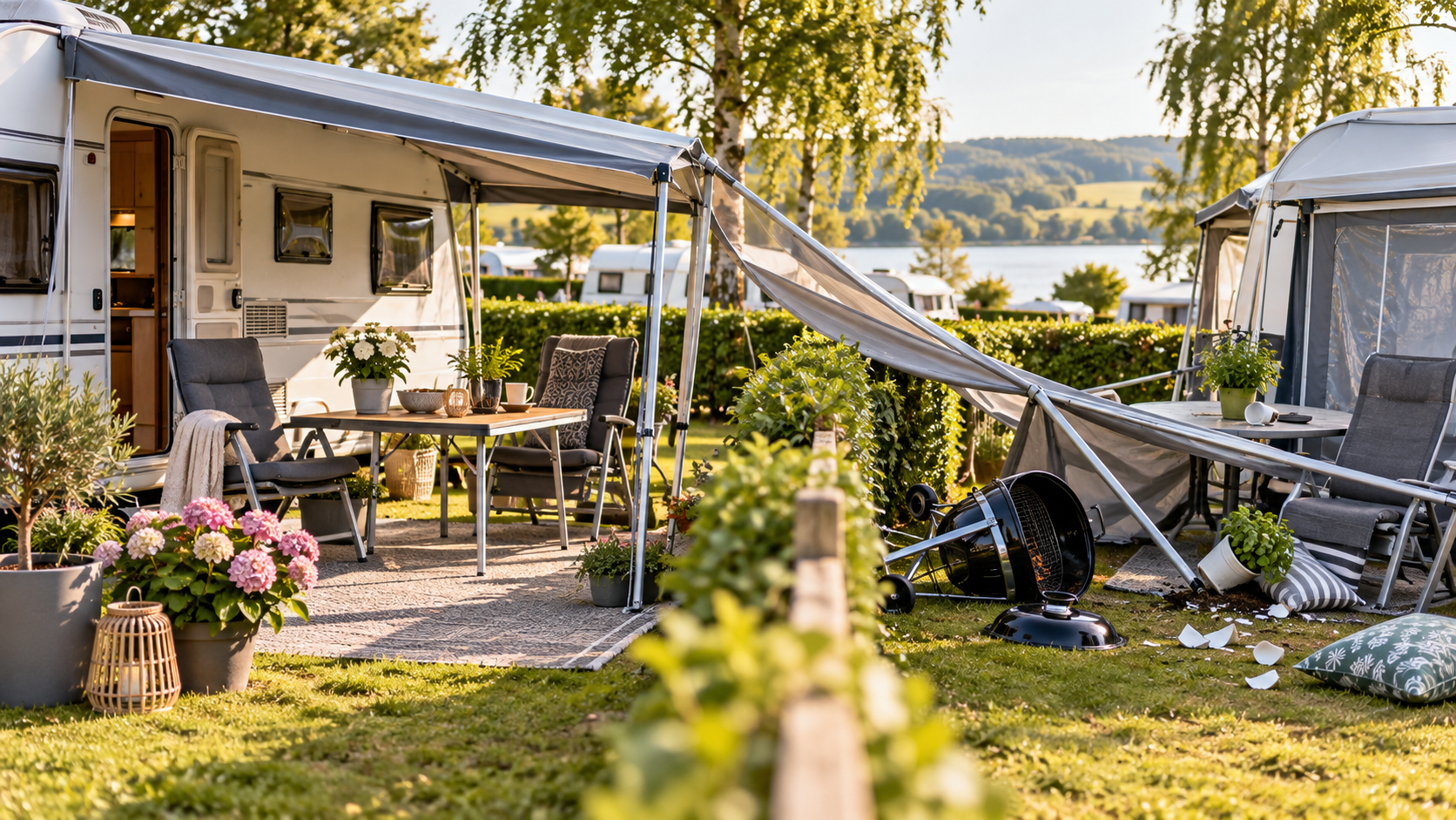 Ein teilweise umgekipptes Vorzelt reicht auf den benachbarten Campingstellplatz und hat dort Gegenstände beschädigt